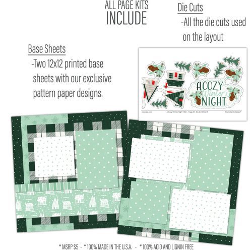 A Cozy Winters Night 1224 12x12 scrapbook page kit includes