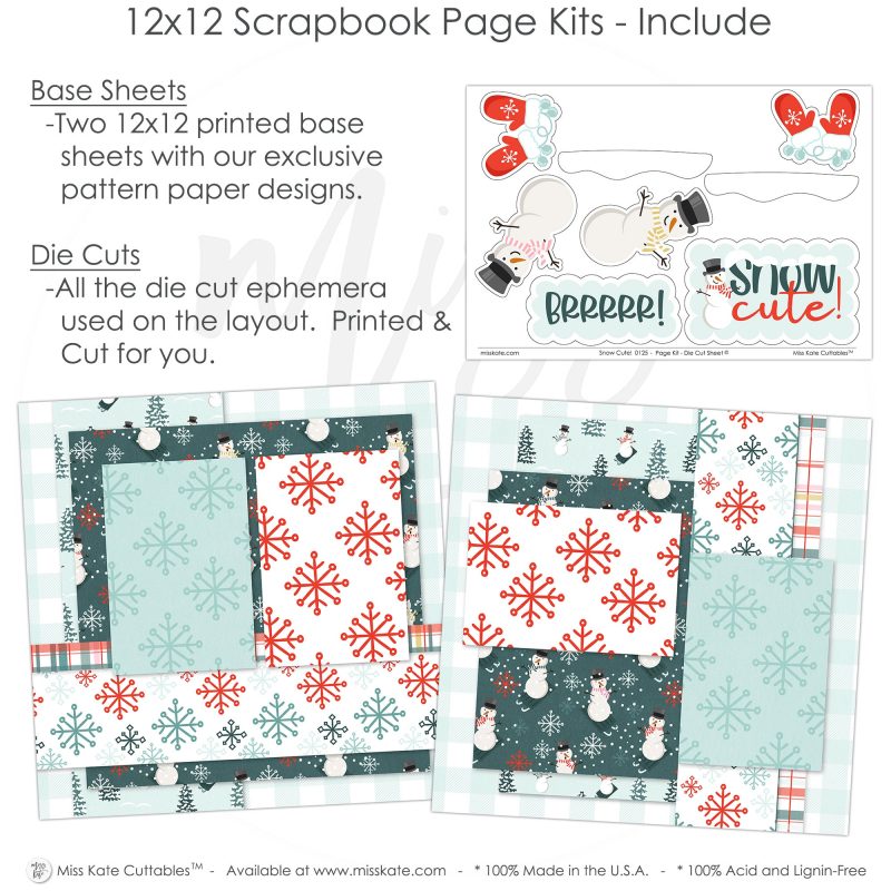 Snow Cute 0125 12x12 scrapbook page kit includes